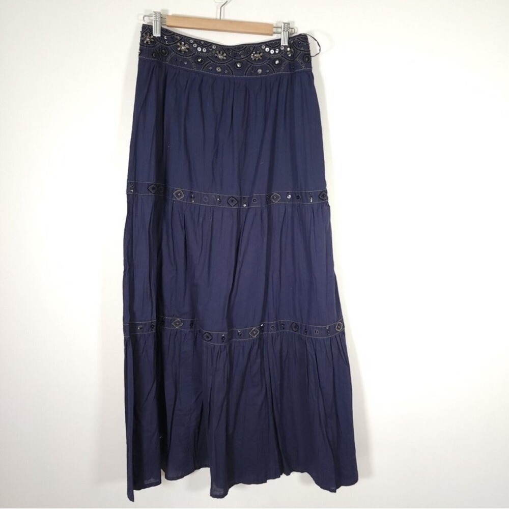 LTS Long Tall Sally 100% Cotton Tiered Maxi Skirt Beaded Navy Blue US 8